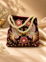 Maroon Velvet Embroidered Pearl Handle Handbag with Floral & Peacock Design