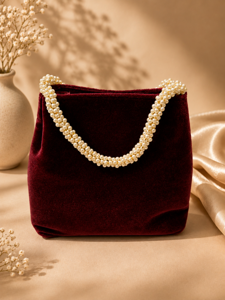 Maroon Velvet Embroidered Pearl Handle Handbag with Floral & Peacock Design