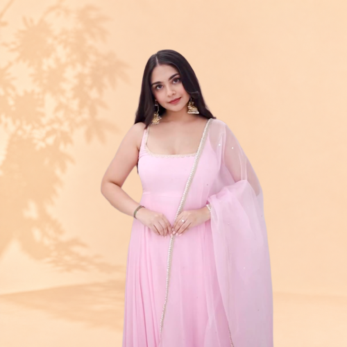 Dreamy Soft Pink Sleeveless Silk Anarkali Suit Set with Organza Dupatta