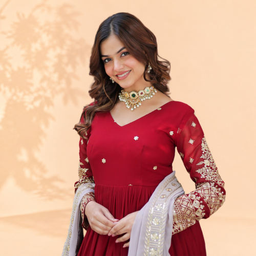 Majestic Crimson Red Embroidered Anarkali Suit Set with Contrasting Dupatta