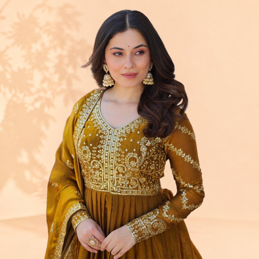 Royal Mustard Gold Sequined Embroidered Anarkali Suit Set
