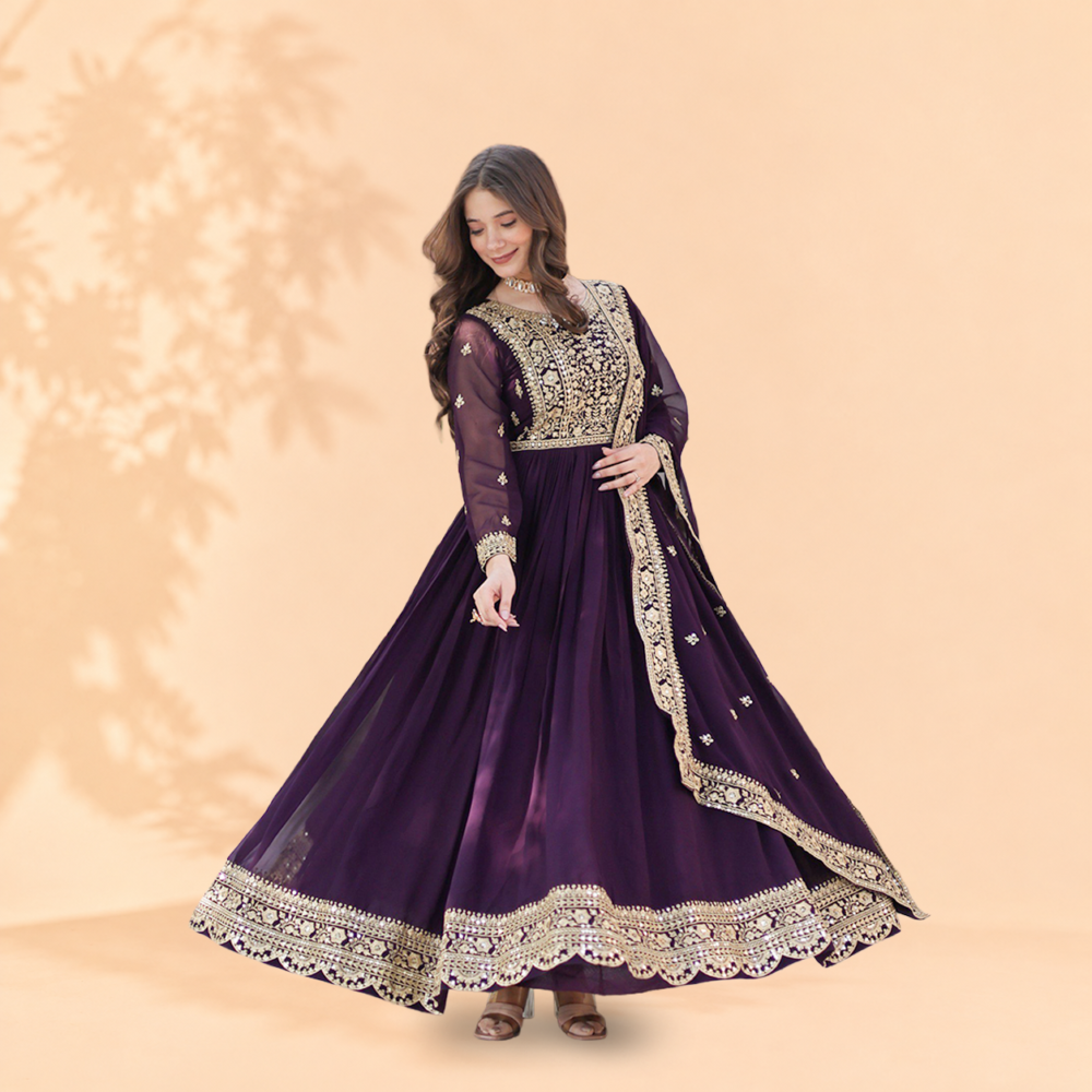 Midnight Blue Heavily Embroidered Georgette Anarkali Suit Set with Dupatta