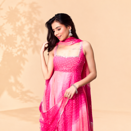 Vibrant Rani Pink Bandhani Print Sleeveless Anarkali Suit Set with Mirror Work