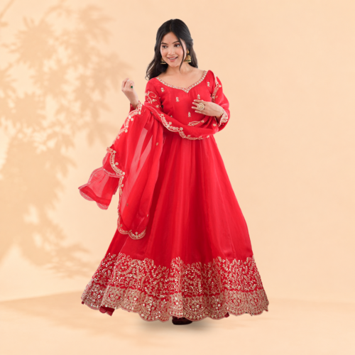 Regal Crimson Red Heavy-Embroidered Anarkali Suit Set with Scalloped Cutwork Dupatta
