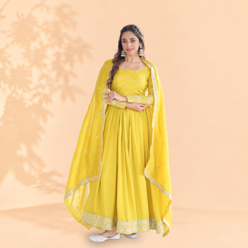 Elegant Mustard Yellow Embroidered Anarkali Suit Set