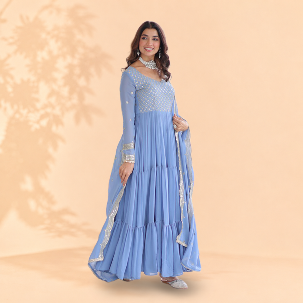 Pastel Powder Blue Tiered Anarkali Suit Set