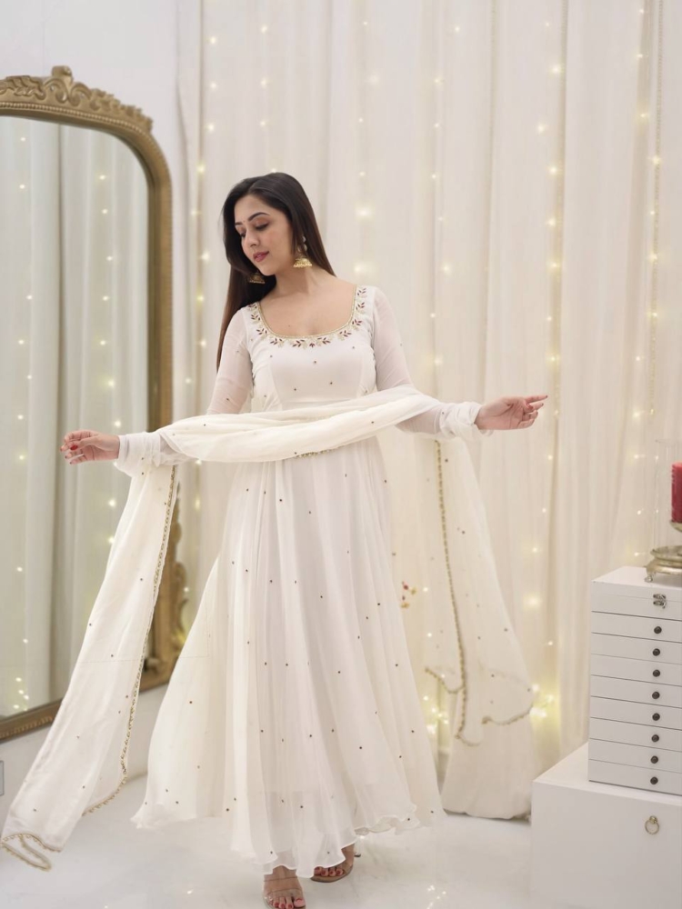 Ethereal Off-White Hand-Embroidered Georgette Anarkali Suit Set