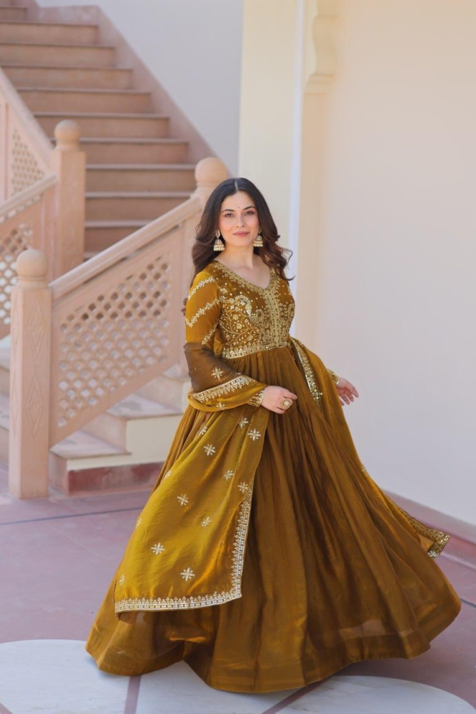 Royal Mustard Gold Sequined Embroidered Anarkali Suit Set