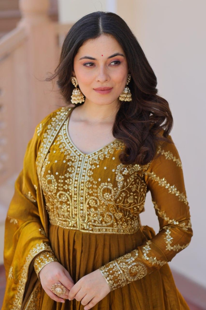 Royal Mustard Gold Sequined Embroidered Anarkali Suit Set