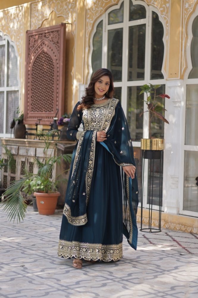 Midnight Blue Heavily Embroidered Georgette Anarkali Suit Set with Dupatta