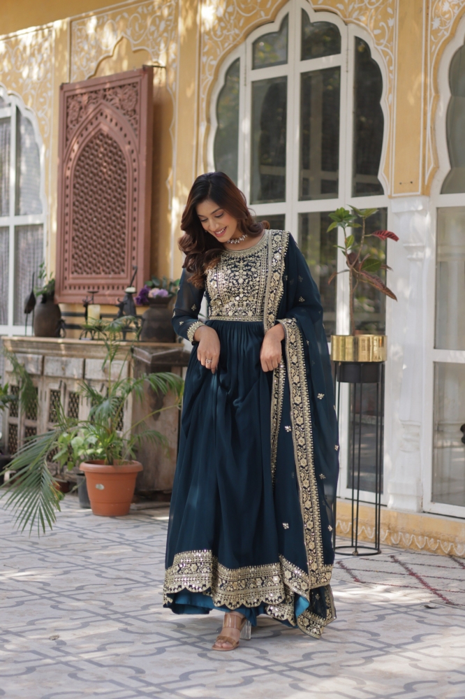 Midnight Blue Heavily Embroidered Georgette Anarkali Suit Set with Dupatta