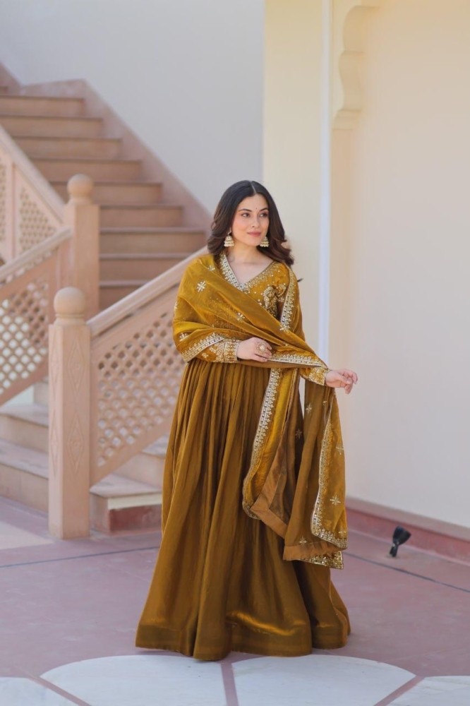 Royal Mustard Gold Sequined Embroidered Anarkali Suit Set