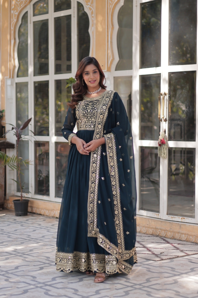 Midnight Blue Heavily Embroidered Georgette Anarkali Suit Set with Dupatta