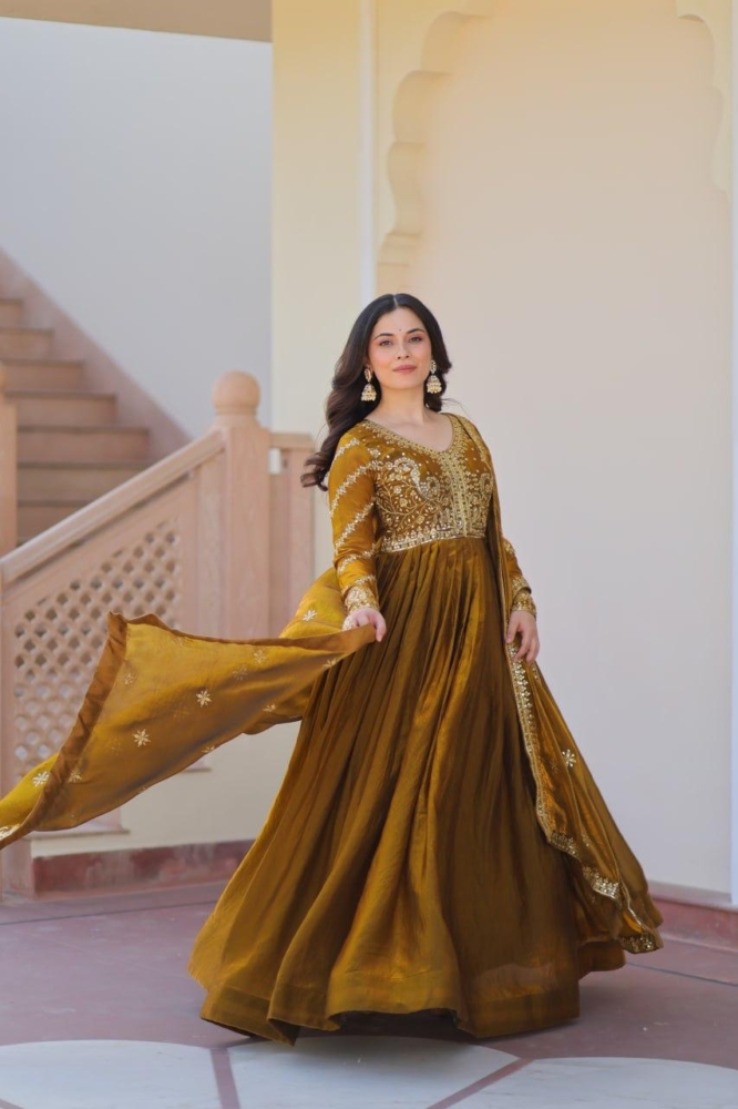 Royal Mustard Gold Sequined Embroidered Anarkali Suit Set