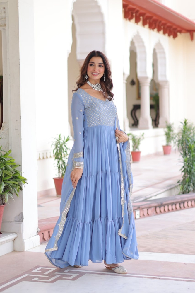 Pastel Powder Blue Tiered Anarkali Suit Set