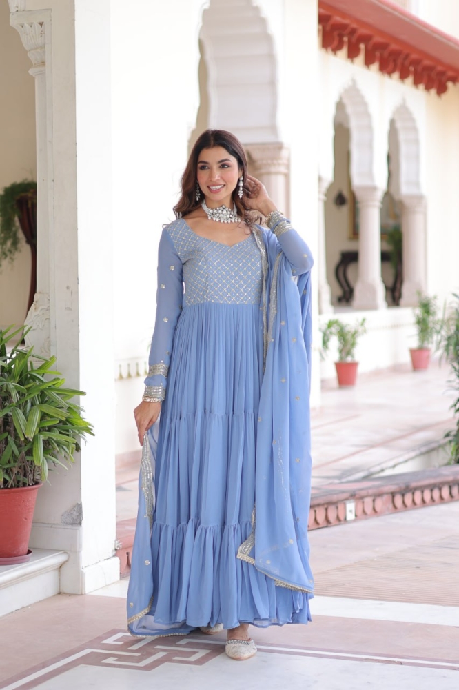 Pastel Powder Blue Tiered Anarkali Suit Set