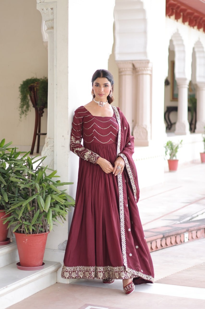 Regal Wine Red Embroidered Anarkali Suit Set with Dupatta