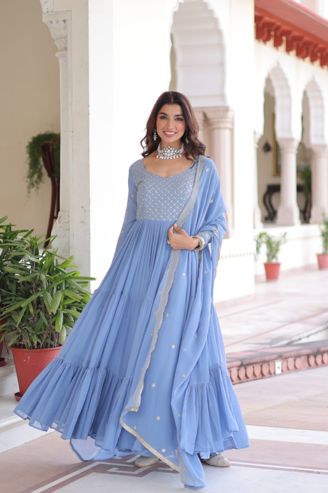 Pastel Powder Blue Tiered Anarkali Suit Set