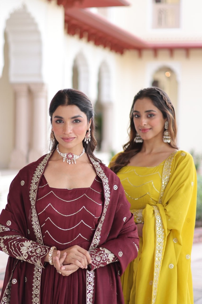 Regal Wine Red Embroidered Anarkali Suit Set with Dupatta