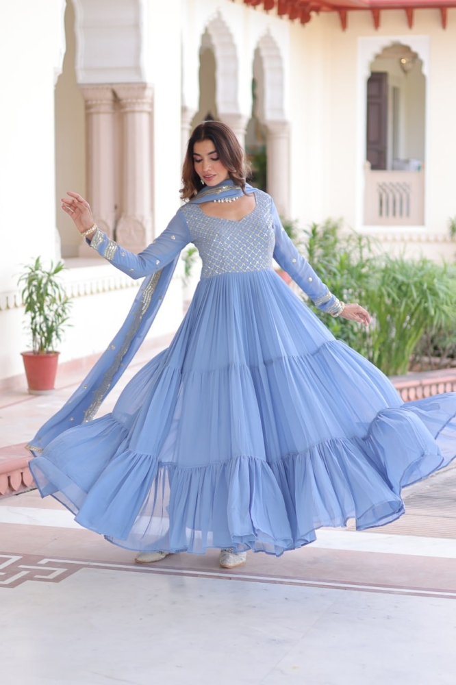 Pastel Powder Blue Tiered Anarkali Suit Set