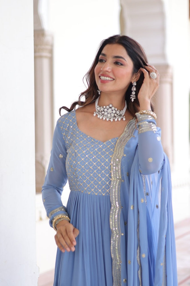Pastel Powder Blue Tiered Anarkali Suit Set